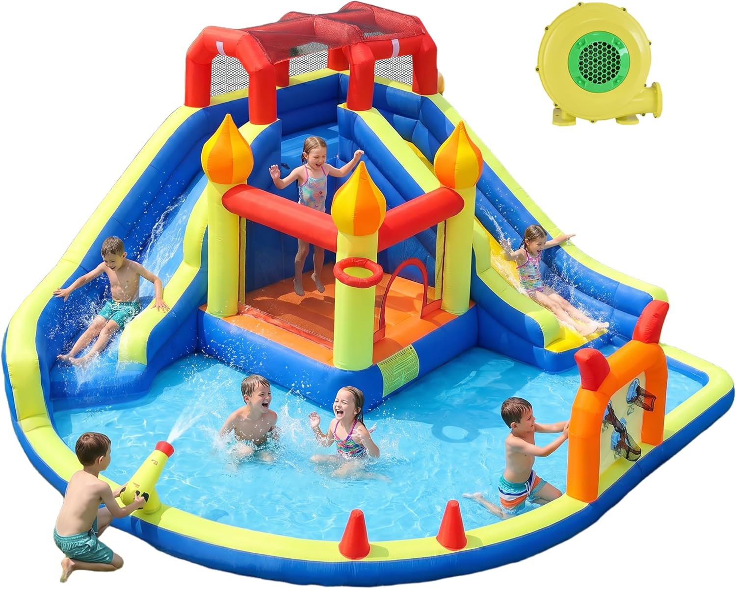 Kids Outdoor Fun - บ้านลมเด็กพร้อมสไลเดอร์น้ำเป่าลมยาวสองช่อง รวมเครื่องเป่าลม 550W สำหรับความสนุกสนานกลางแจ้งในสวนหลังบ้าน บ้านลมเด้งดึ๋งสำหรับเด็ก