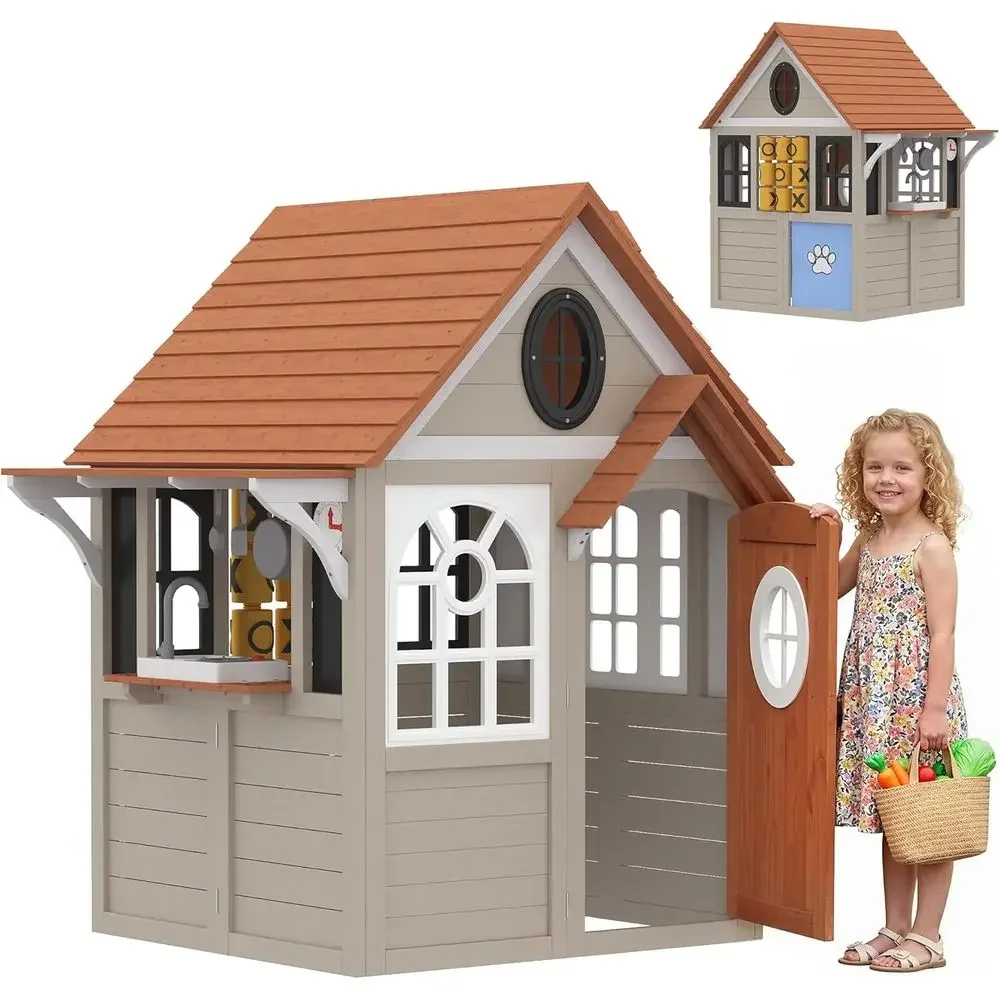 Qaba Kids Outdoor Playhouse - บ้านเด็กเล่นกลางแจ้ง Qaba, บ้านเด็กเล่นไม้พร้อมประตูสำหรับสุนัข, บ้านเด็กเล่นพร้อมอุปกรณ์ทำครัว, กระดานดำ, นาฬิกา,