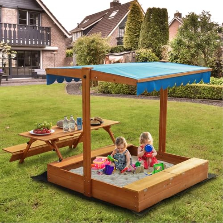 Kids Outdoor Wooden Table - กระบะทรายไม้สำหรับเด็กเล่นกลางแจ้งในสวนหลังบ้าน พร้อมโต๊ะปิกนิกและกล่องเก็บของ สีไม้ธรรมชาติ มีที่นั่งแบบพับได้ ฝาปิด และที่เก็บของ