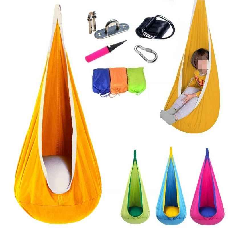 Kids Yellow Outdoor Chair - เปลไกวเด็กแบบถุง 1 ชิ้น ทำจากผ้าฝ้าย สีฟ้า/เหลือง/ชมพู/เขียว สำหรับใช้ในร่มและกลางแจ้ง
