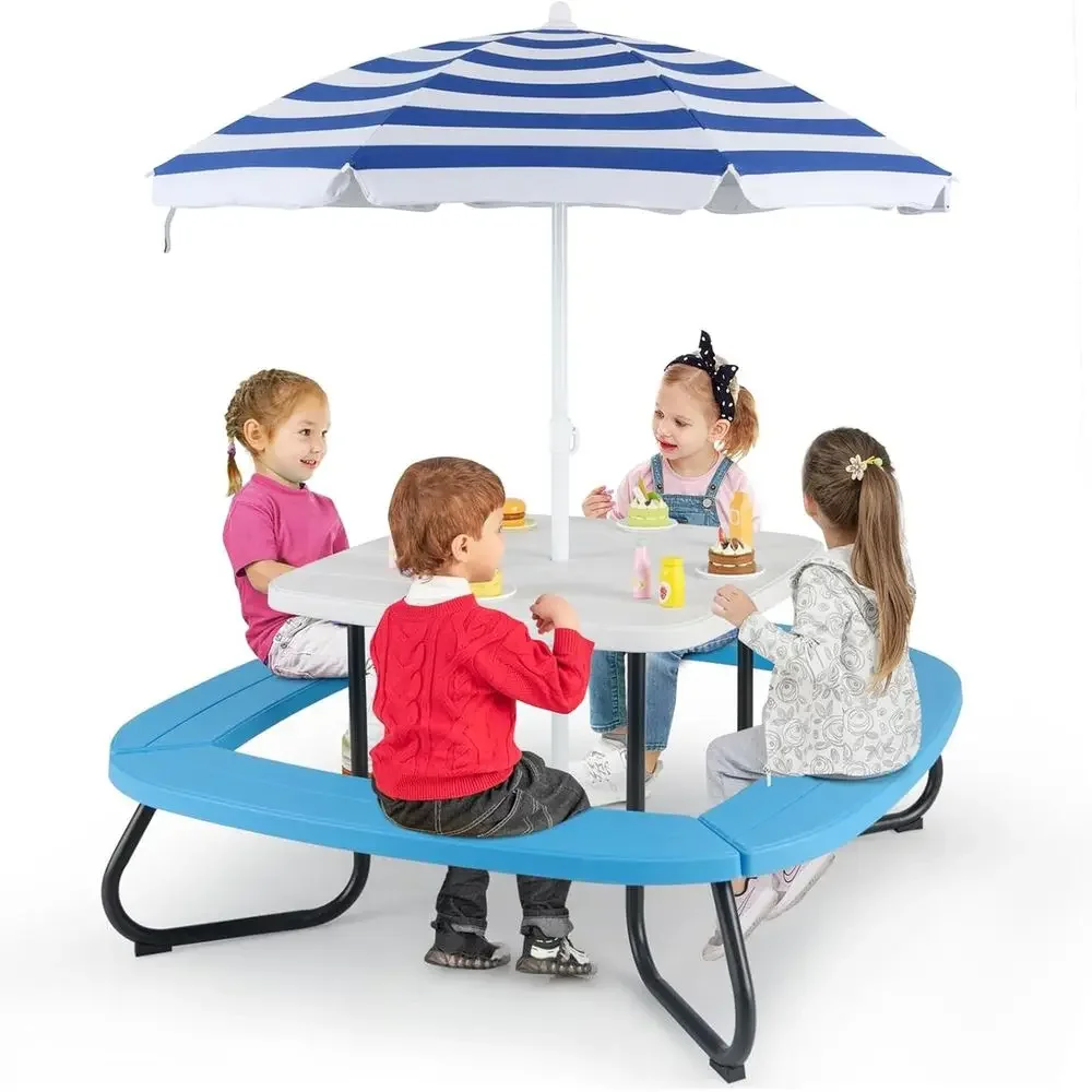 Kids Outdoor Picnic Table - โต๊ะปิกนิกสำหรับเด็ก 8 ที่นั่งพร้อมร่ม, โต๊ะกิจกรรมสำหรับเด็กเล็ก, ม้านั่ง 4