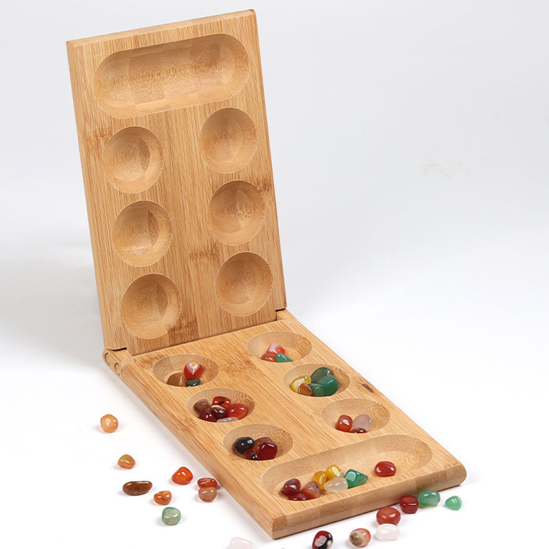 Kids Outdoor Wooden Table - เกมกระดานแมนคาลาแบบพับได้ริเวอร์สโตนและไม้ไผ่ - เกมโต๊ะคลาสสิกแสนสนุกพร้อมกระดานไม้สำหรับผู้ใหญ่และเด็ก
