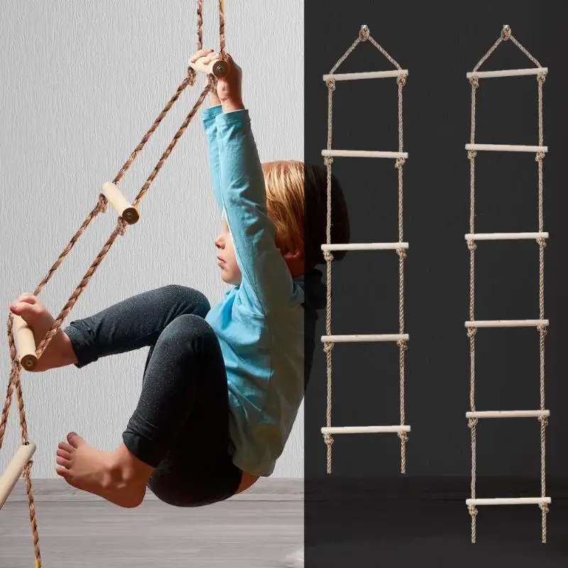Kids Outdoor Climber - บันไดไม้สำหรับเด็กสำหรับกิจกรรมกลางแจ้งใช้เชือกแกว่งสายรัดนิรภัยปลอดภัยบันไดไม้หลายขั้นปีนเกมปีนเขาสวนกีฬาปีนเขา