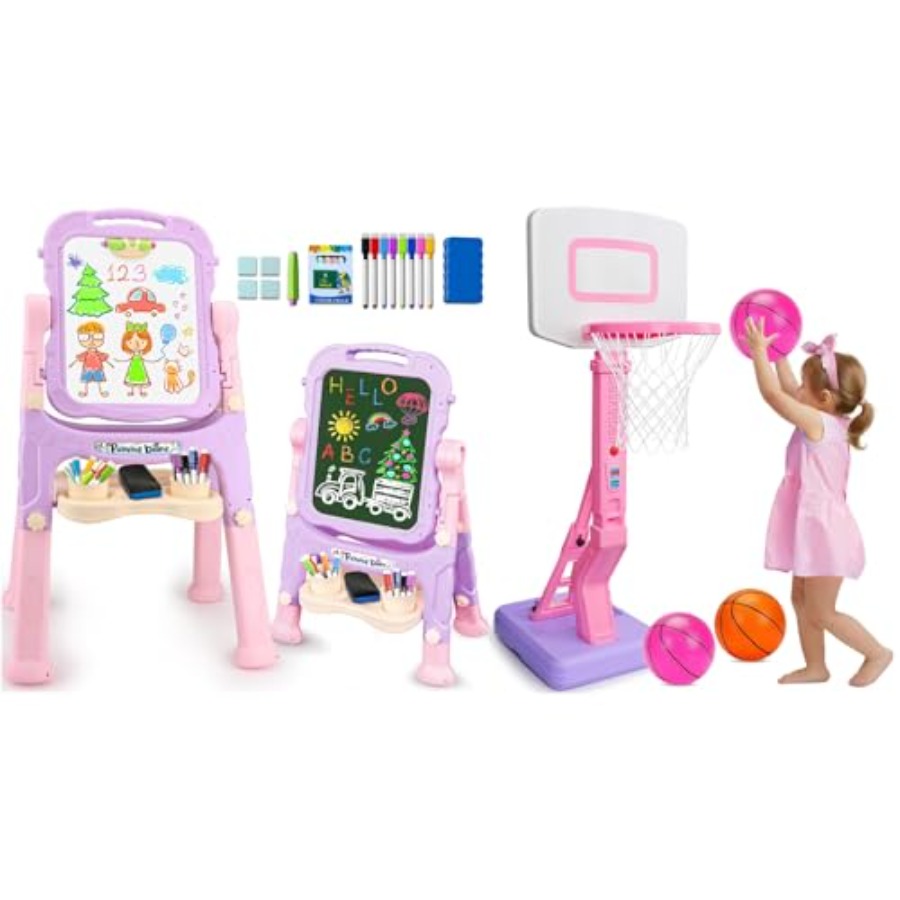 Kids Outdoor Easel - ห่วงบาสเก็ตบอลสีชมพูสำหรับเด็กเล็ก อายุ 1-3 ปี ใช้ได้ทั้งในบ้านและนอกบ้าน พร้อมขาตั้งวาดรูปสองด้านและกระดานไวท์บอร์ดแม่เหล็กสำหรับเด็กอายุ