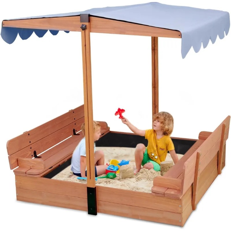Kids Outdoor Bench - กระบะทรายเด็กแบบไม้พร้อมหลังคาคลุม 2 ที่นั่งพับได้ หลังคาปรับระดับได้ สำหรับเล่นกลางแจ้ง