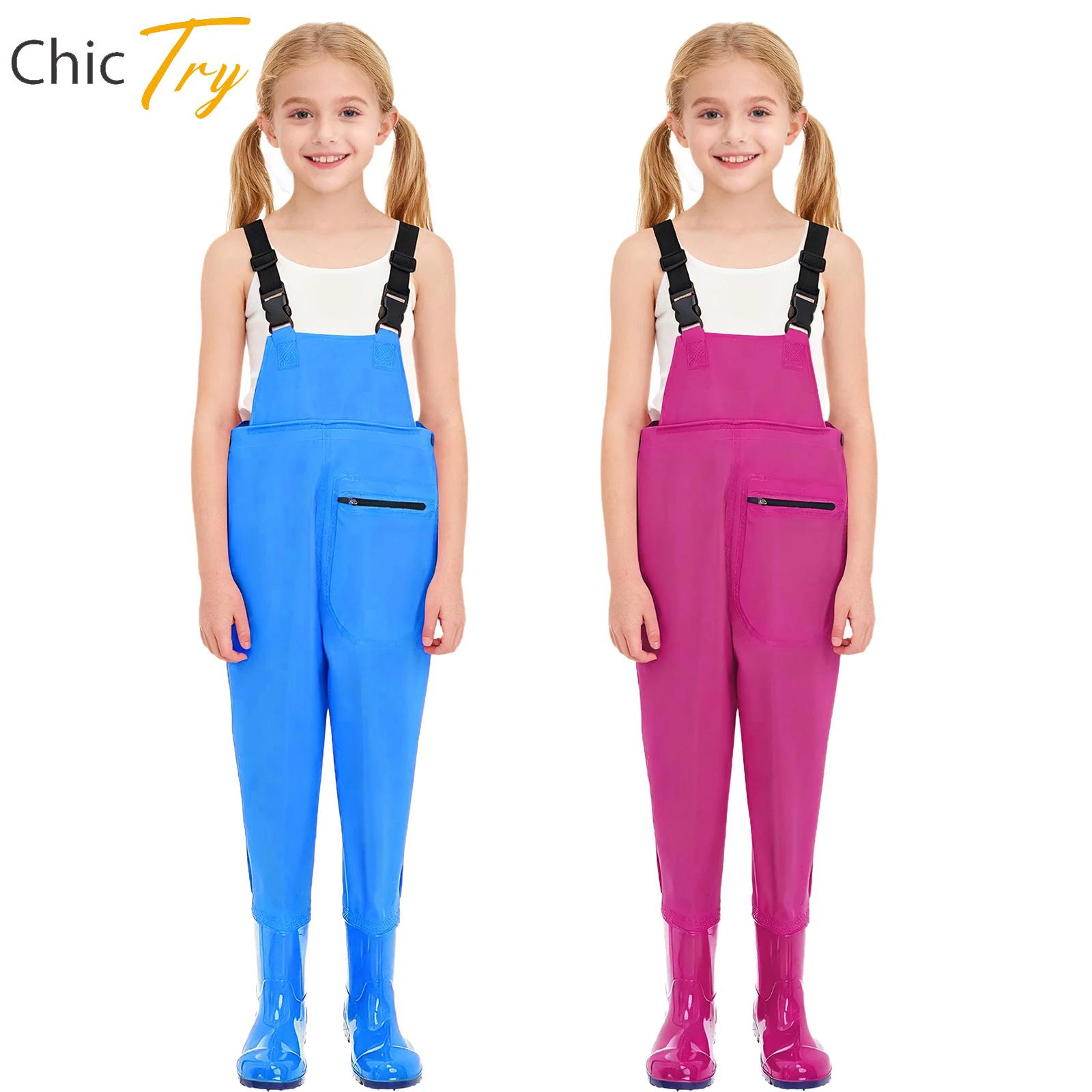 Kids Outdoor Jumpsuit - ชุดเอี๊ยมกันน้ำสำหรับเด็กแบบ unisex สำหรับเล่นกีฬากลางแจ้ง ตกปลา สายรัดปรับได้ พร้อมรองเท้ากันลื่น