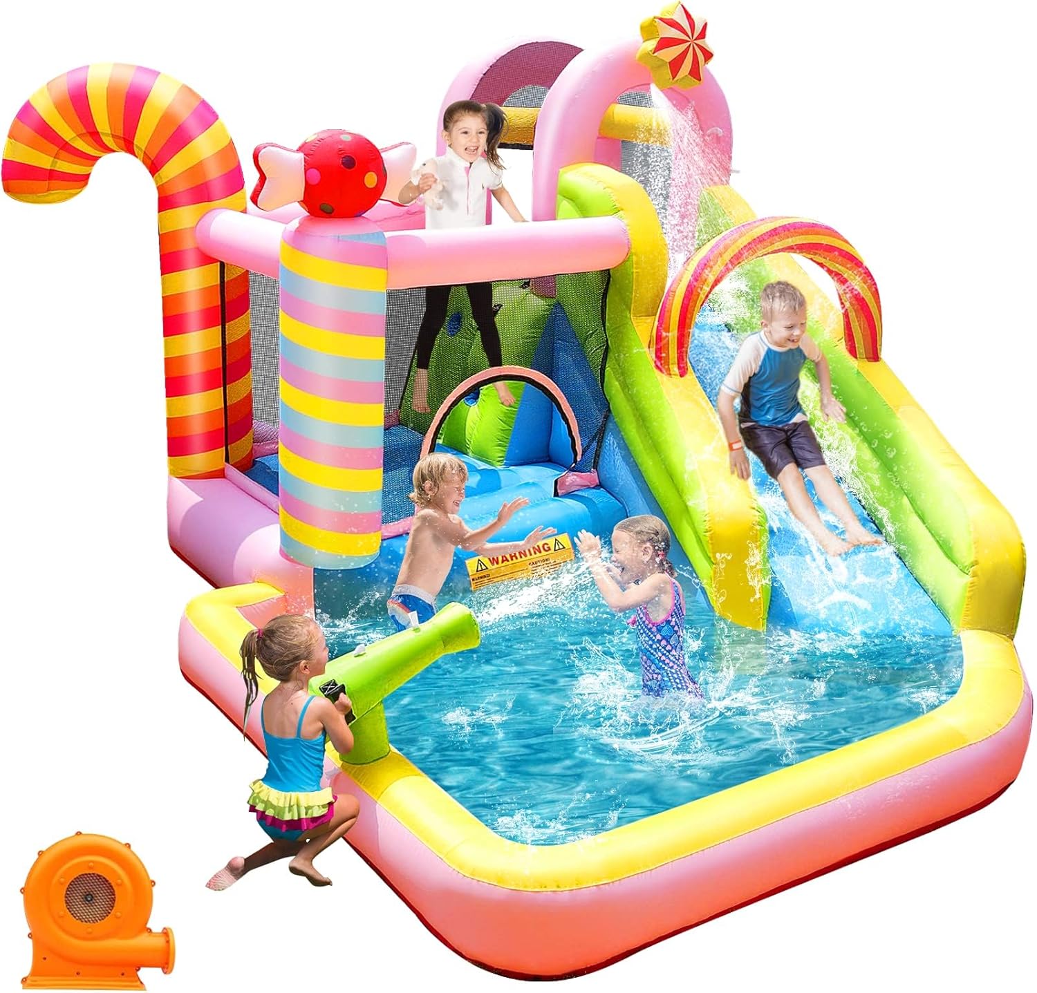 Kids Outdoor Fun - บ้านลมเป่าลมสำหรับเด็กพร้อมสไลเดอร์น้ำ, สวนน้ำ 6-in-1 พร้อมสระน้ำ, ผนังปีนป่าย และห่วงบาสเก็ตบอล,