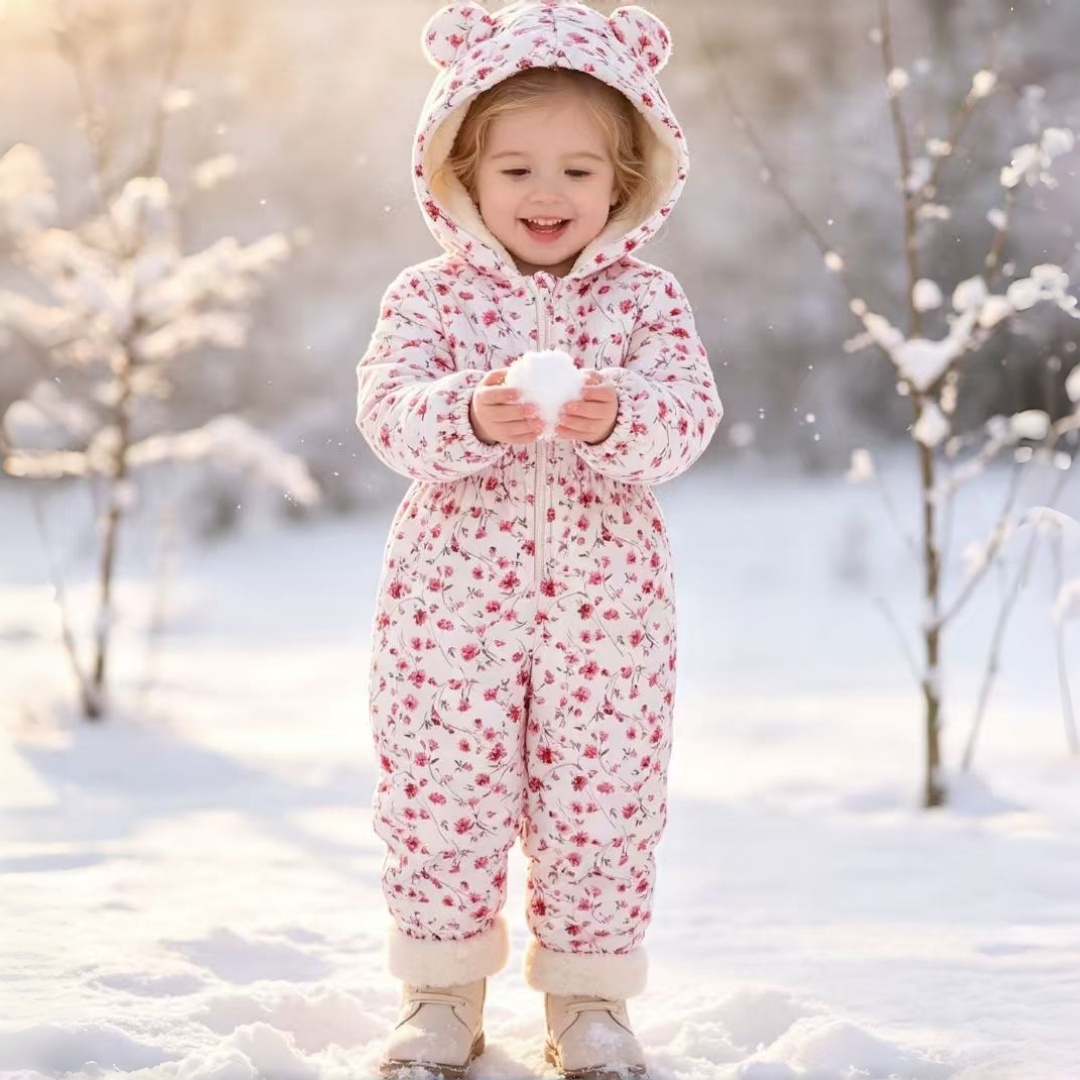 Kids Outdoor Jumpsuit - ชุดจั๊มสูทเด็กผู้หญิงแบบมีฮู้ดพร้อมซิปสำหรับฤดูใบไม้ร่วง/ฤดูหนาว เสื้อผ้าเด็กน่ารักลายดอกไม้พร้อมหูกระต่าย ให้ความอบอุ่นสำหรับกิจกรรมกลางแจ้ง