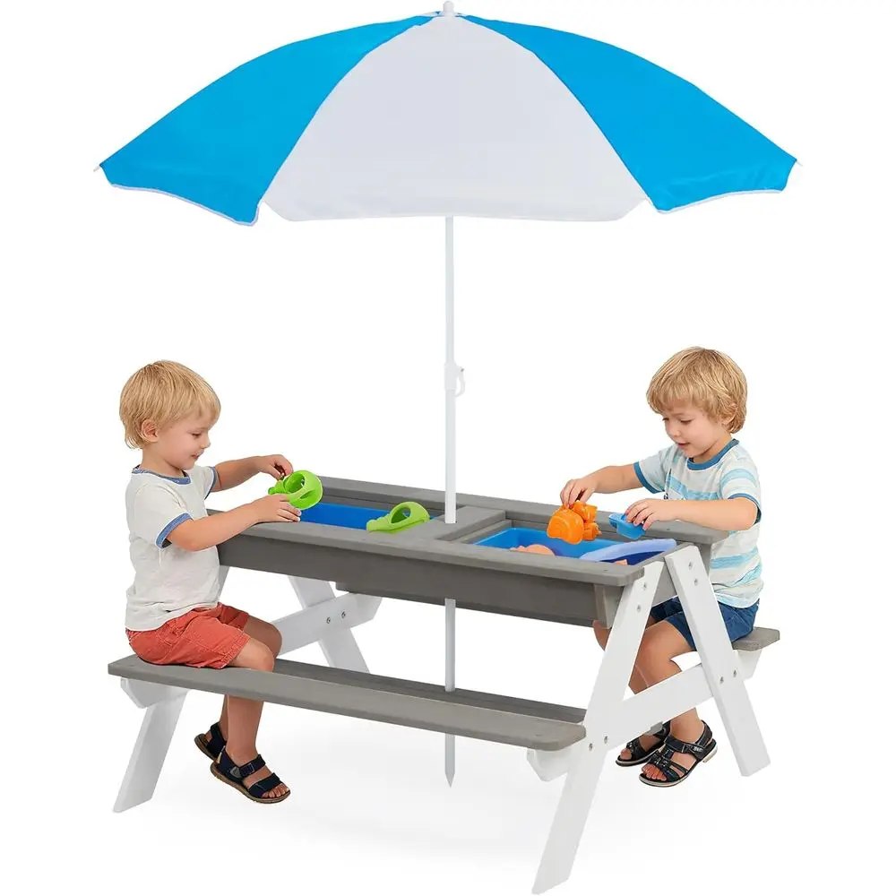 Kids Outdoor Wooden Table - โต๊ะปิกนิกไม้แบบ 3-in-1 สำหรับเด็ก, เหมาะสำหรับเล่นทรายและน้ำกลางแจ้ง, รองรับ 4