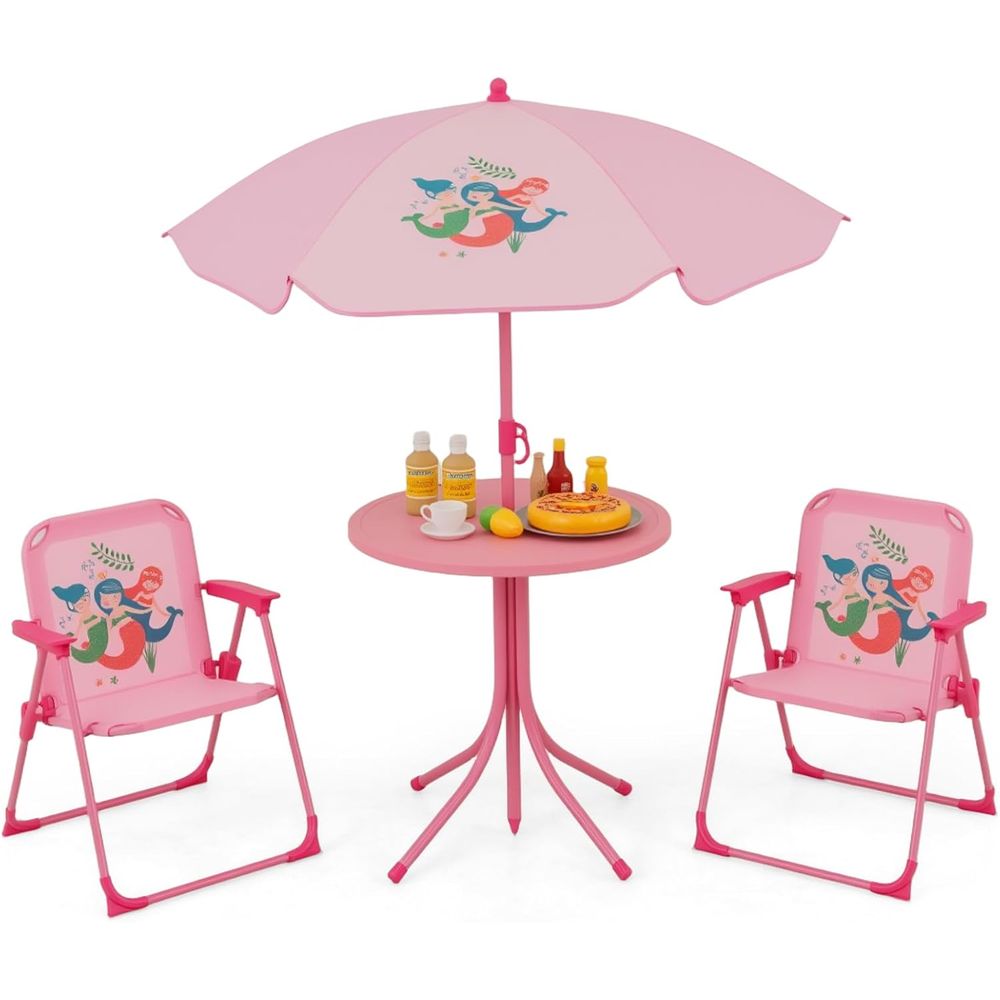 Kids Outdoor Picnic Table - โต๊ะปิกนิกสำหรับเด็ก, โต๊ะกลางแจ้งสำหรับเด็กพร้อมเก้าอี้พับ 2 ตัว, ร่มปรับระดับความสูงได้, เฟอร์นิเจอร์กลางแจ้งสำหรับเด็กแบบพกพาหรือ
