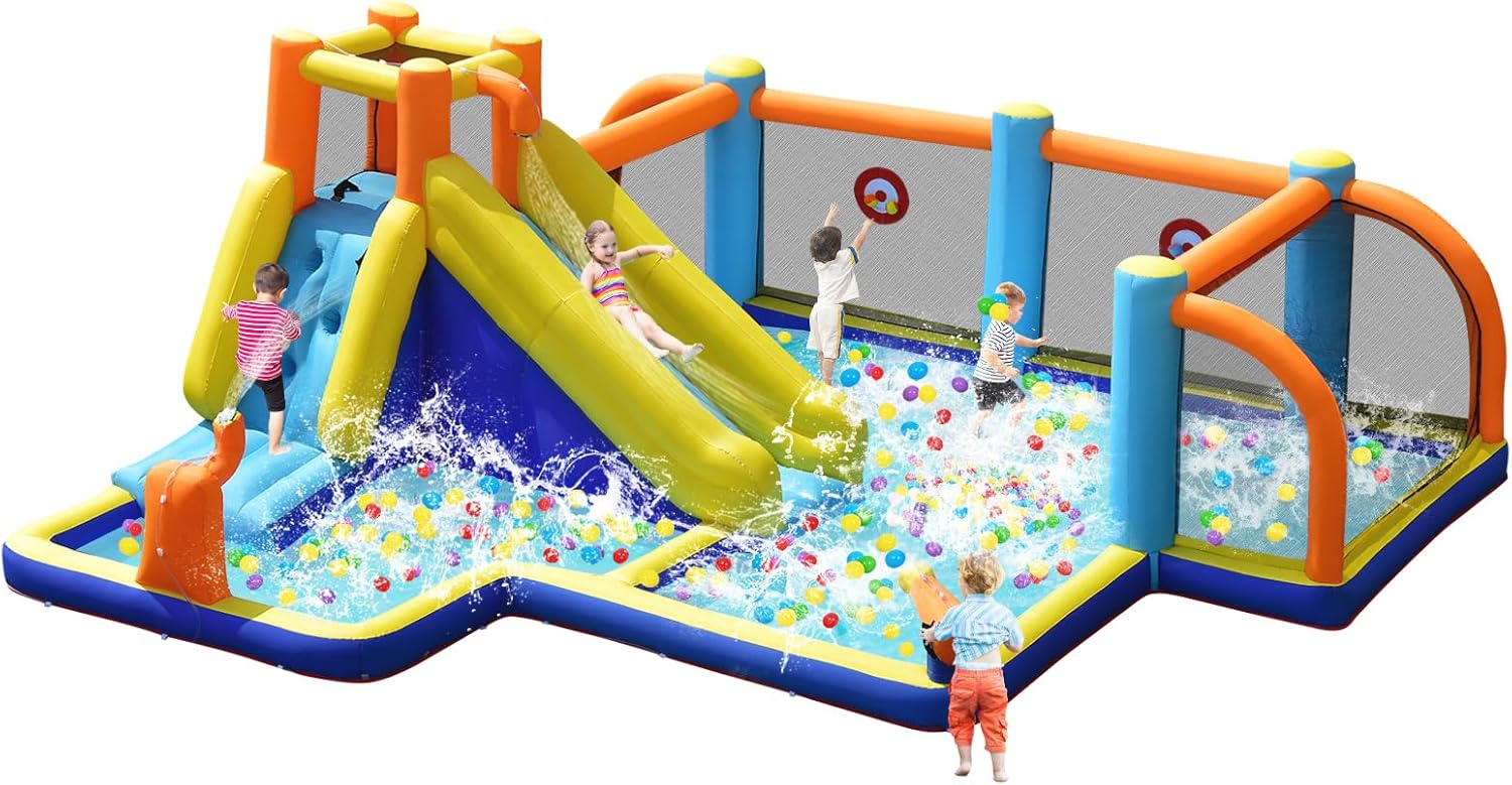 Kids Outdoor Fun - สไลเดอร์น้ำเป่าลมขนาดใหญ่พร้อมประตูฟุตบอล สระน้ำ และผนังปีนป่าย - สวนน้ำเป่าลมกลางแจ้งสำหรับเด็กและผู้ใหญ่ ความสนุกสนานในสวนหลังบ้าน