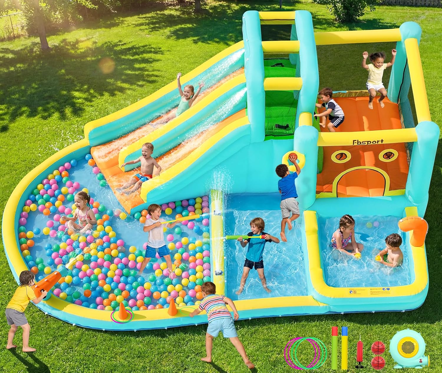 Kids Outdoor Fun - สวนน้ำเป่าลมแบบสไลเดอร์คู่พร้อมสระน้ำปืนฉีดน้ำและเครื่องเป่าลมสำหรับเด็ก - ความสนุกในร่มและกลางแจ้งในสวนหลังบ้าน