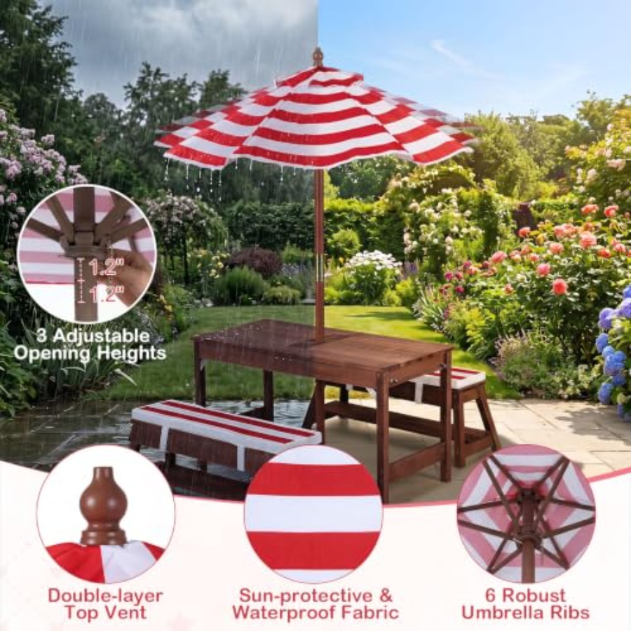 Kids Outdoor Wooden Table - โต๊ะปิกนิกสำหรับเด็กสำหรับใช้กลางแจ้งในสวนหลังบ้าน ทำจากไม้ สีธรรมชาติ 4-in-1 อเนกประสงค์ พร้อมร่ม