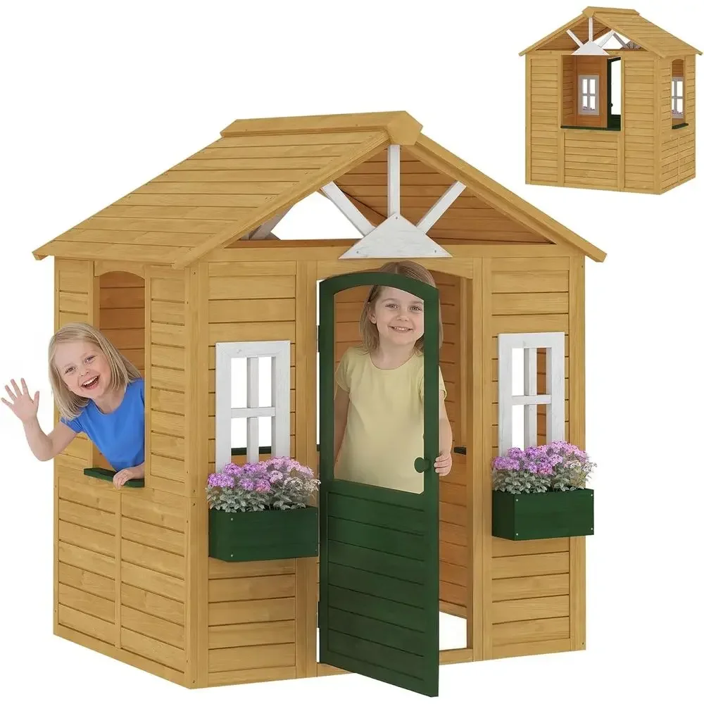 Qaba Kids Outdoor Playhouse - บ้านเด็กเล่นกลางแจ้ง Qaba, บ้านเด็กเล่นไม้พร้อมประตูเปิดได้, หน้าต่าง 3 บาน