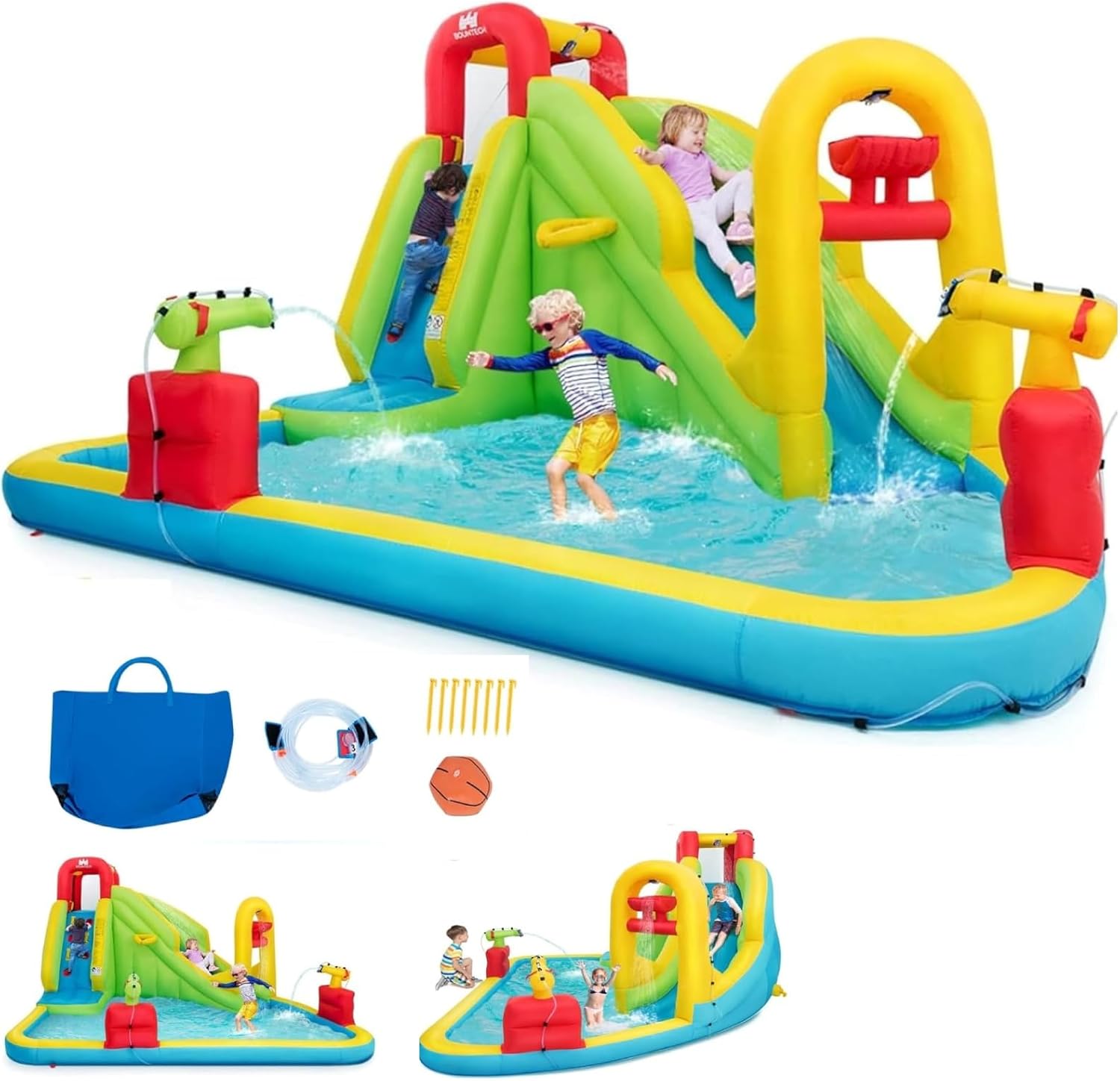 Kids Outdoor Fun - เมกะสวนน้ำเป่าลมสำหรับเด็ก - สไลเดอร์น้ำเป่าลมพร้อมสระน้ำ, บассейน, และผนังปีนป่าย, ของขวัญสำหรับงานปาร์ตี้สนุกสนานกลางแจ้งสำหรับครอบครัว