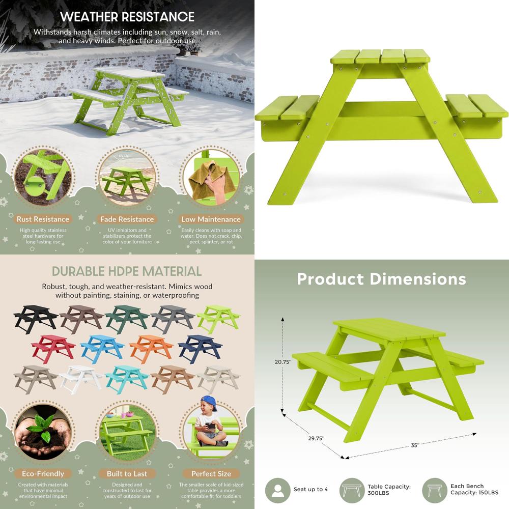 Kids Outdoor Picnic Table - โต๊ะปิกนิกพลาสติก HDPE สำหรับเด็ก ใช้ได้ทั้งในร่มและกลางแจ้ง สีเขียวมะนาว