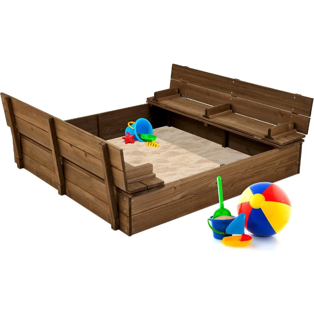 Kids Outdoor Bench - อัพเกรดใหม่! กล่องทรายไม้กลางแจ้งขนาดใหญ่สำหรับเด็ก พร้อมฝาปิดและที่นั่งแบบม้านั่ง ขนาด 47 x