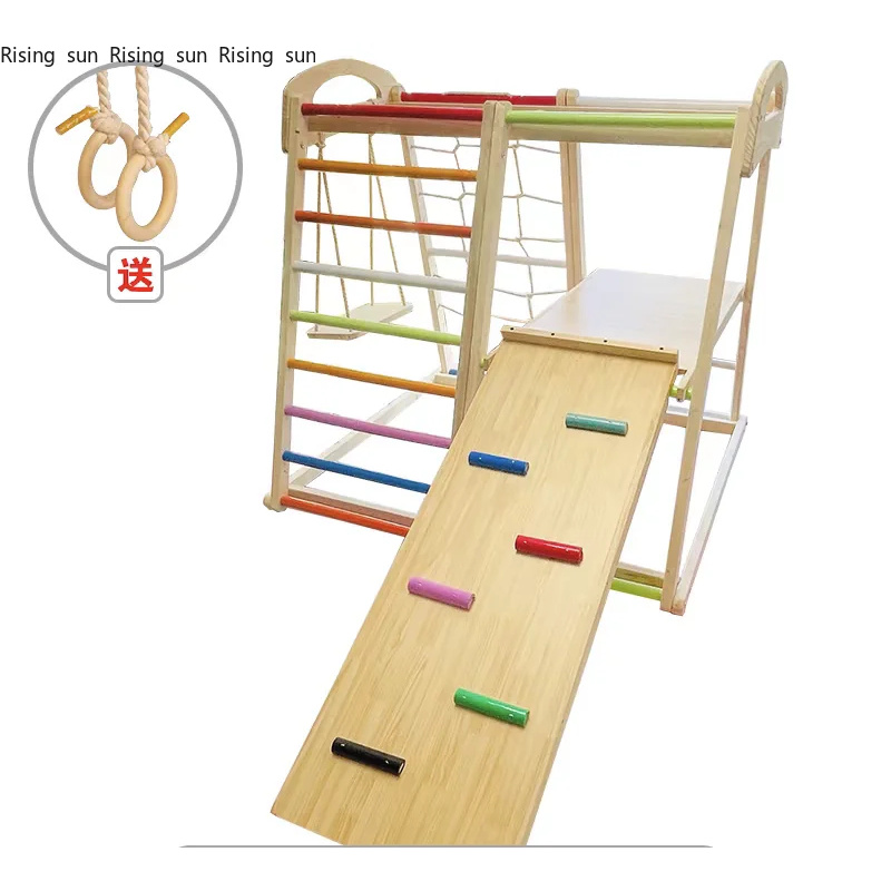 Kids Outdoor Climbing Structure - ชุดโครงสร้างปีนป่ายไม้สำหรับเด็กเล่นในร่ม พร้อมบันได ชิงช้า และสไลเดอร์
