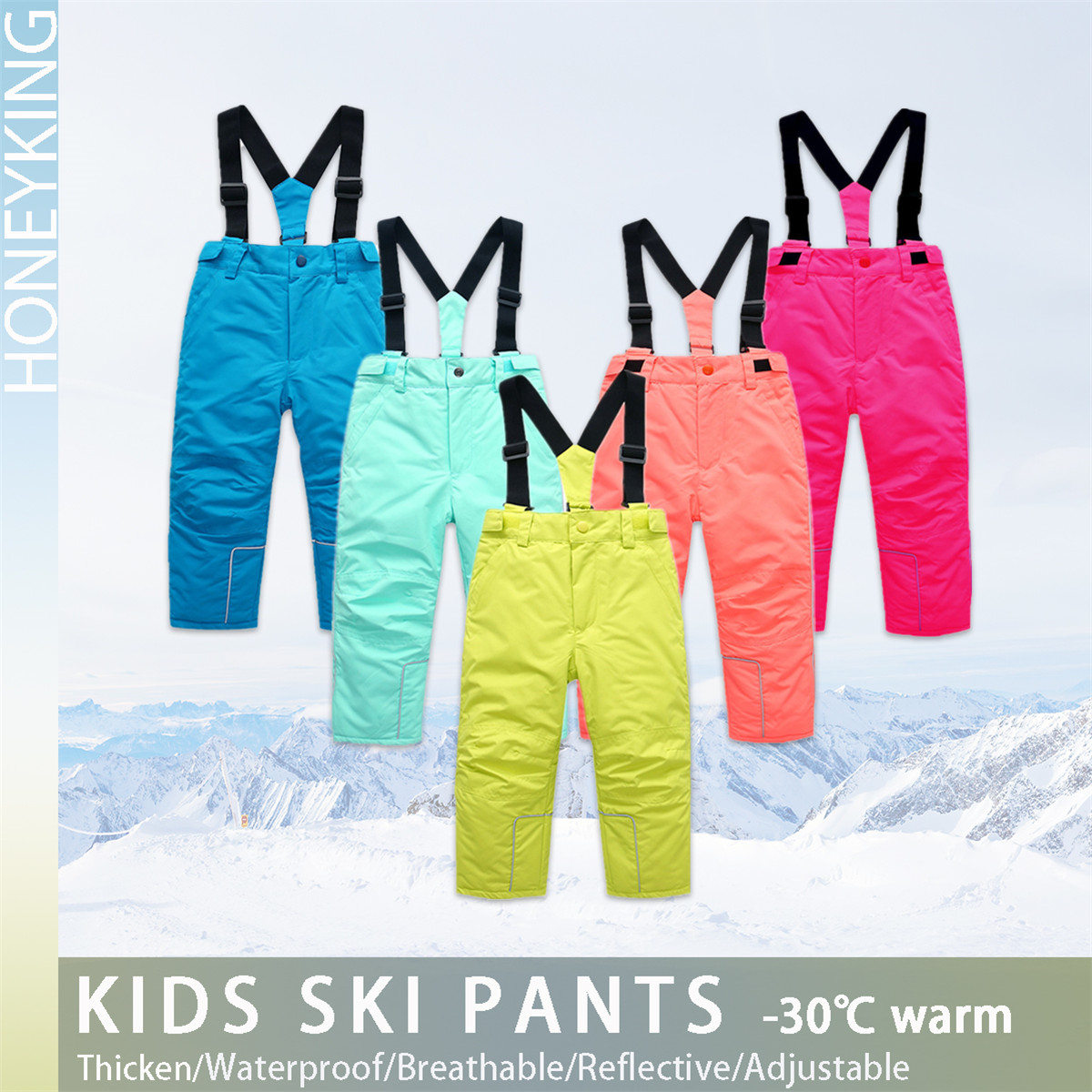 Kids Outdoor Jumpsuit - HONEYKINGเด็กกางเกงสกีฤดูหนาวกลางแจ้งสกีกันน้ำกางเกงกางเกงชายและหญิงJumpsuit Overalls Tracksuitsเด็กหิมะกางเกง